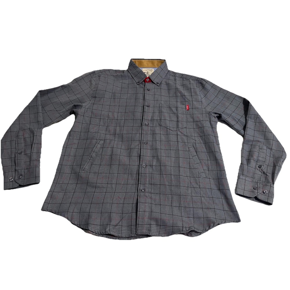 RSVLTS Men's XL Gray Long Sleeve Button Down Plaid Flannel Shirt Pockets